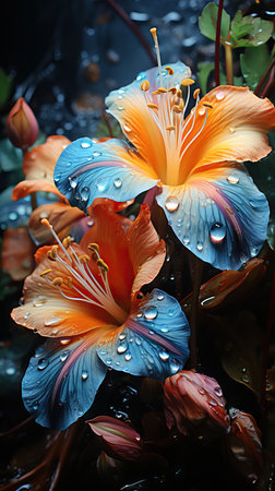 Super vibrant colorful floral background, droplets over the petals, colorful styleの素材
