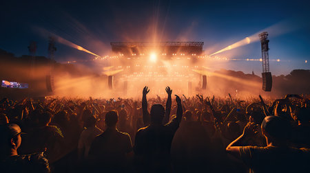 Group of people enjoying a concert, image from back, silhouettes people dancing having fun festivalの素材