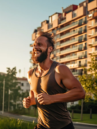Man in residential area jogging, wealthy life concept, training in the morningsの素材