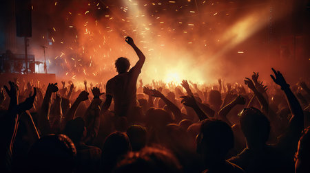 People At Music Concert festival, Excited audience watching confetti fireworks having fun festivalの素材
