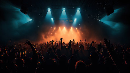 Group of people enjoying a concert, image from back, silhouettes people dancing having fun festivalの素材