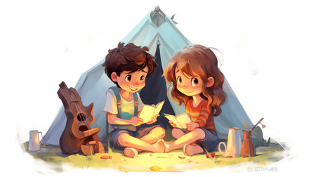 Kids sit around a campfire in the wood. Children sit on logs at a campsite around a fireの素材