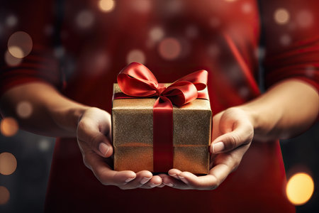 Hands holding a christmas present to camera, happy holidays concept, santa claus comingの素材