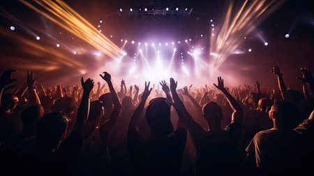 People At Music Concert festival, Excited audience watching confetti fireworks having fun festivalの素材