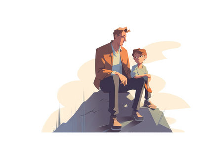 A father and his son stand atop a hill, silhouetted against a stunning sunset.の素材