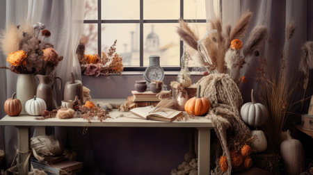 Tastefully arranged table with a vase filled with dried flowers, accompanied by a selection of booksの素材