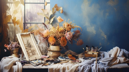 Tastefully arranged table with a vase filled with dried flowers, accompanied by a selection of booksの素材