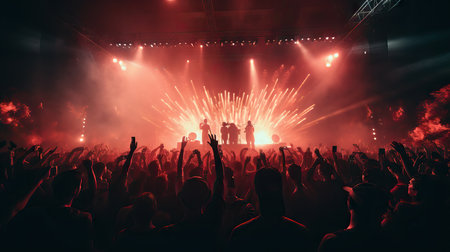 Group of people enjoying a concert, image from back, silhouettes people dancing having fun festivalの素材