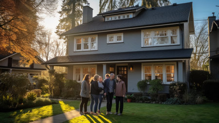 Happy modern family posing in front of their beautiful home. Mortgage paymentの素材