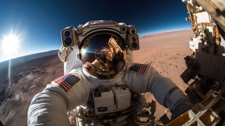 Astronaut floating in space, hand on armrest, ready to explore the unknown.の素材