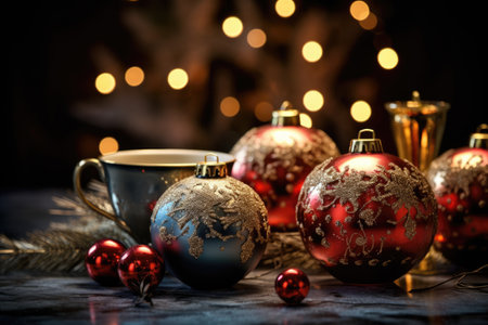 display of Christmas decorations, including baubles and tinsel, placed on a window chairの素材