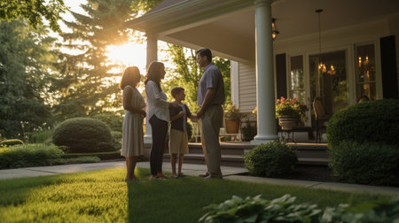 Happy modern family posing in front of their beautiful home. Mortgage paymentの素材
