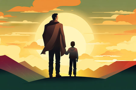 A father and his son stand on a hill, gazing out at a picturesque sunset, the sky awash with vibrant colors.の素材