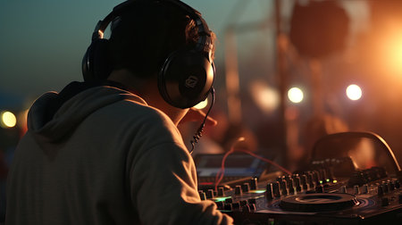 DJ mixing and scratching music at a concert, DJ hands controlling a music table in a night club.の素材