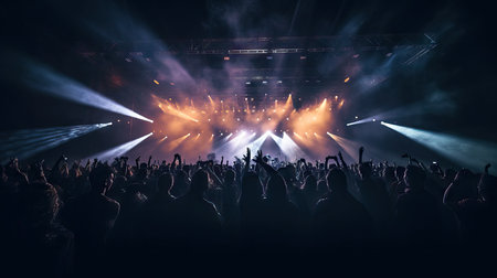 Group of people enjoying a concert, image from back, silhouettes people dancing having fun festivalの素材