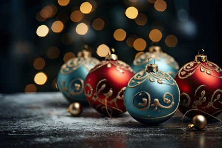 display of Christmas decorations, including baubles and tinsel, placed on a window chairの素材