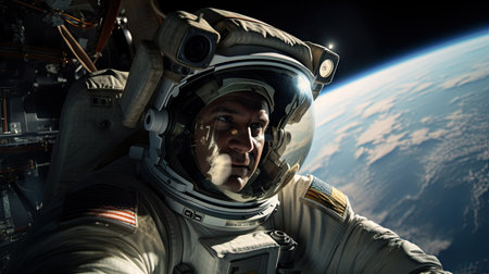 Astronaut floating in space, hand on armrest, ready to explore the unknown.の素材