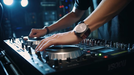 DJ mixing and scratching music at a concert, DJ hands controlling a music table in a night club.の素材
