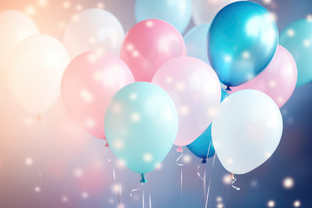 A festive arrangement of brightly colored balloons contrasted against a cool blue backdrop.の素材