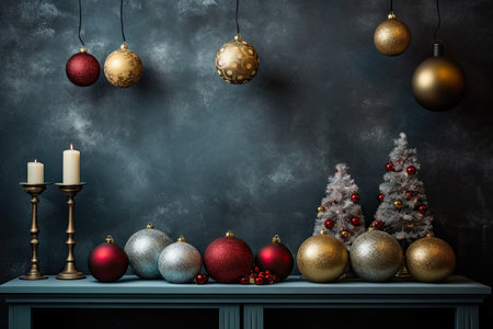 display of Christmas decorations, including baubles and tinsel, placed on a window chairの素材