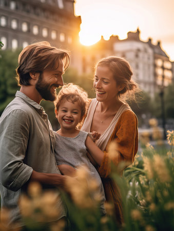 family, leisure, happy mother, father and two little sons having picnic at summer parkの素材