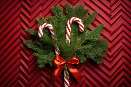 Christmas-themed background featuring a red backdrop decorated with a candy cane and a fir branch.の素材