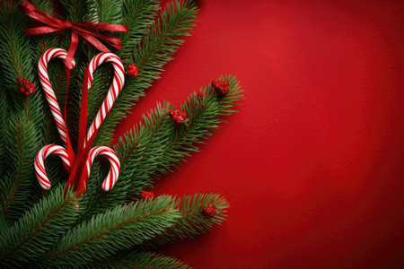 Christmas-themed background featuring a red backdrop decorated with a candy cane and a fir branch.の素材