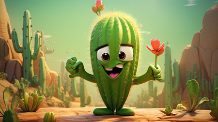 A smiling cactus with raised arms stands proudly in the arid desert landscape.の素材