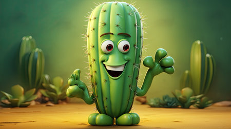 Cartoon type character cactus in the desert with a smiley face and arms raised in a cheerful gestureの素材