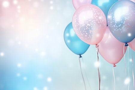 A festive arrangement of brightly colored balloons contrasted against a cool blue backdrop.の素材