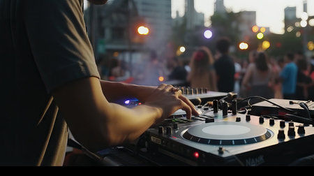 DJ mixing and scratching music at a concert, DJ hands controlling a music table in a night club.の素材