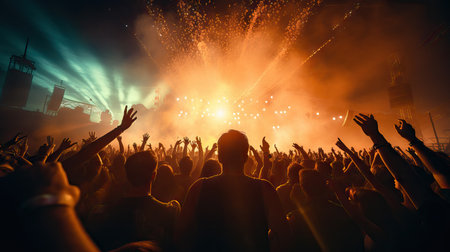 People At Music Concert festival, Excited audience watching confetti fireworks having fun festivalの素材