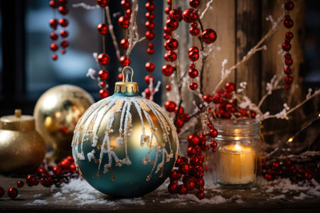 Christmas ornaments and garlands adorning a window sill, creating a festive and joyful ambiance.の素材