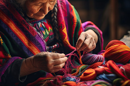 Peruvian woman meticulously crafts colorful fabric using her needle and thread.の素材