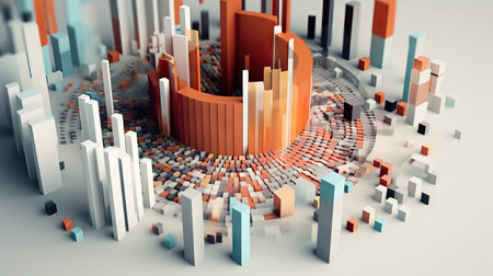 A 3D rendering of a bustling cityscape featuring numerous buildings, the potential of big dataの素材