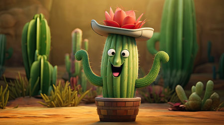 Cartoon type character cactus in the desert with a smiley face and arms raised in a cheerful gestureの素材