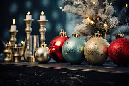 display of Christmas decorations, including baubles and tinsel, placed on a window chairの素材