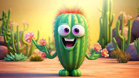 A smiling cactus with raised arms stands proudly in the arid desert landscape.の素材