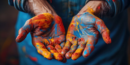 The hands of a man are covered in paint, with smudges and streaks visible on his fingers and palms.の素材