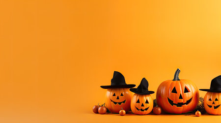 Halloween pumpkins arranged on a vibrant orange backgroundの素材