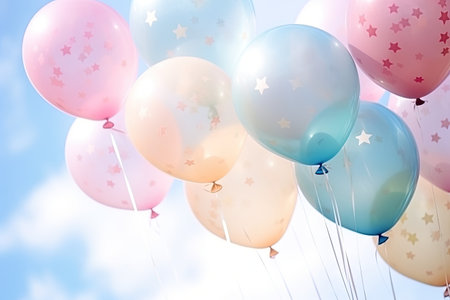 A festive arrangement of brightly colored balloons contrasted against a cool blue backdrop.の素材