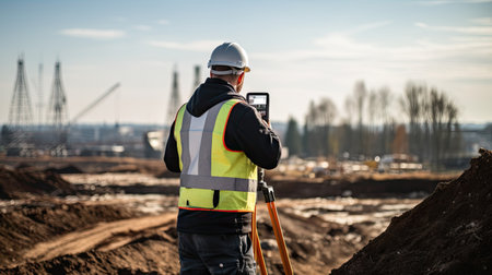 worker in a safety vest and hard hat is using a surveying instrument to measure a constructionの素材