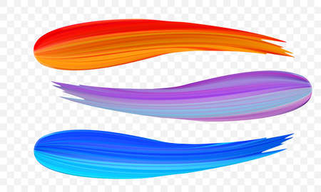 Acrylic paint brush stroke. Vector bright orange, velvet or purple and blue gradient 3d paint brush with vibrant texture on transparent background. Creative concept of digital painted color strokeのイラスト素材