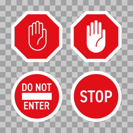 Stop road sign with hand gesture. Vector red do not enter traffic sign. Caution ban symbol direction sign. Warning stop sign for traffic information message isolated on transparent backgroundのイラスト素材