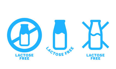 Lactose free logo icon. Vector contains no lactose label for healthy daiy food product package. Blue cow milk bottle sign design elementのイラスト素材
