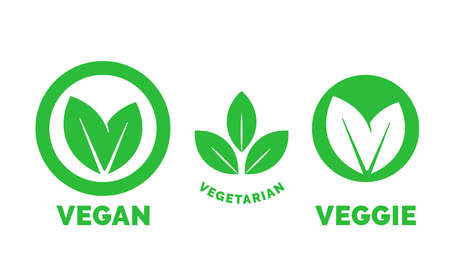 Vegan green leaf label template for veggie or vegetarian food package design. Isolated green leaf icon for vegetarian bio nutrition and healthy diet or vegan restaurant menu symbols set Vector illustration.のイラスト素材