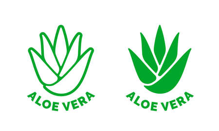 Aloe Vera green leaf label for natural organic moisturizing gel and lotion package. Isolated Aloe Vera leaf icon sign for cosmetic skincare soothing product packaging design templateのイラスト素材