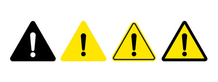 Exclamation mark of warning attention icon. Vector yellow attention warning triangle alert setのイラスト素材
