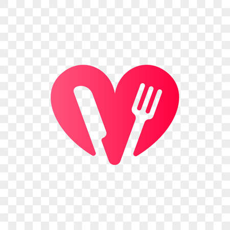 Heart logo vector icon for healthy food and diet or vegetarian nutrition supplement and vitamins. Isolated modern heart and fork with knife symbol for dieting or medical pharmacyのイラスト素材