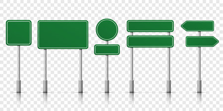 Road signs blank icons. Vector green plate road signs templates for direction.のイラスト素材